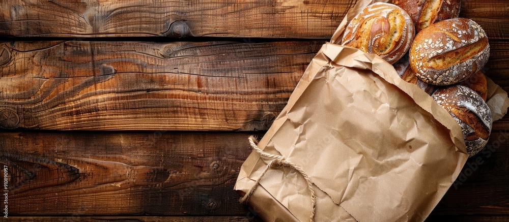 Poster fresh bread loaves displayed on a wooden background with a paper bag in a top view copy space image