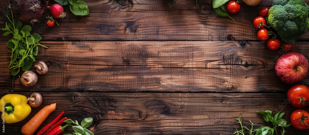 Poster fresh organic vegetables displayed on a wooden surface with ample space for text or images