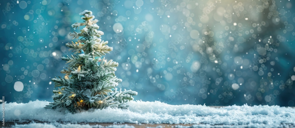 Poster snow covered mini christmas tree with copy space image perfect for a winter greeting card to convey 