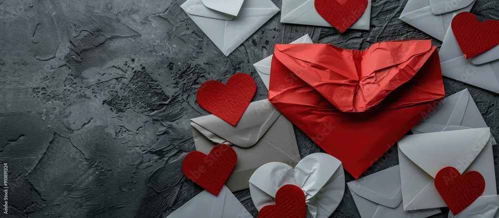 Fototapete Grey background with red and white envelopes featuring a heart perfect for a romantic theme with copy space image