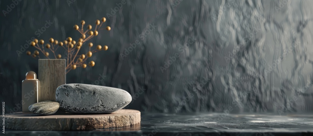 Aufkleber Stone decoration on a table with a dark background providing space for product placement and a copy space image