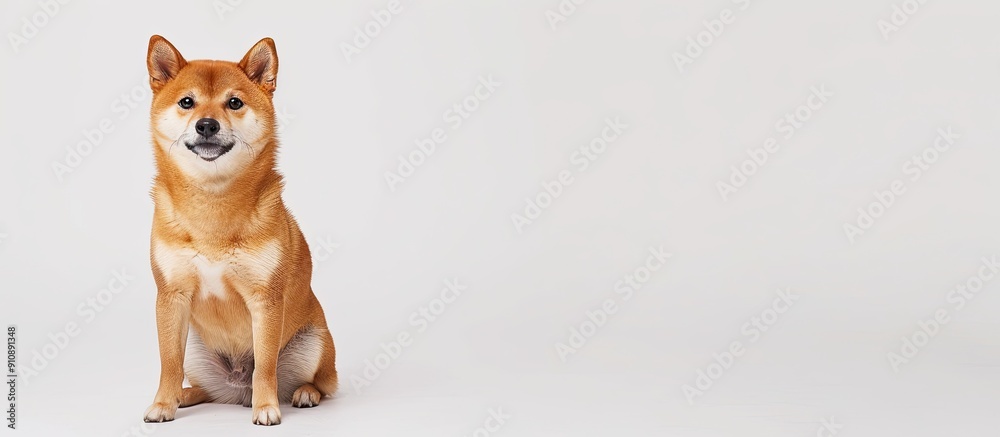 Poster Red haired Japanese Shiba Inu dog sits happily in a front view pose on a white background perfect for a copy space image
