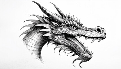 Naklejka premium tête de dragon, dessin de modèle tatouage, illustration animal noir sur fond blanc