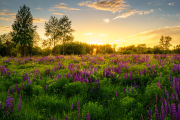 Sunrise or sunset on a field with purple lupines on a cloudy sky background in summer.
