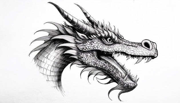 t&ecirc;te de dragon, dessin de mod&egrave;le tatouage, illustration animal noir sur fond blanc