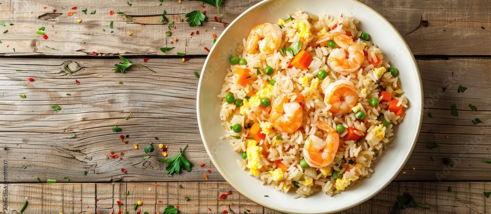 Poster shrimp topped egg fried rice with mixed vegetables in a white dish on a wooden background with room 