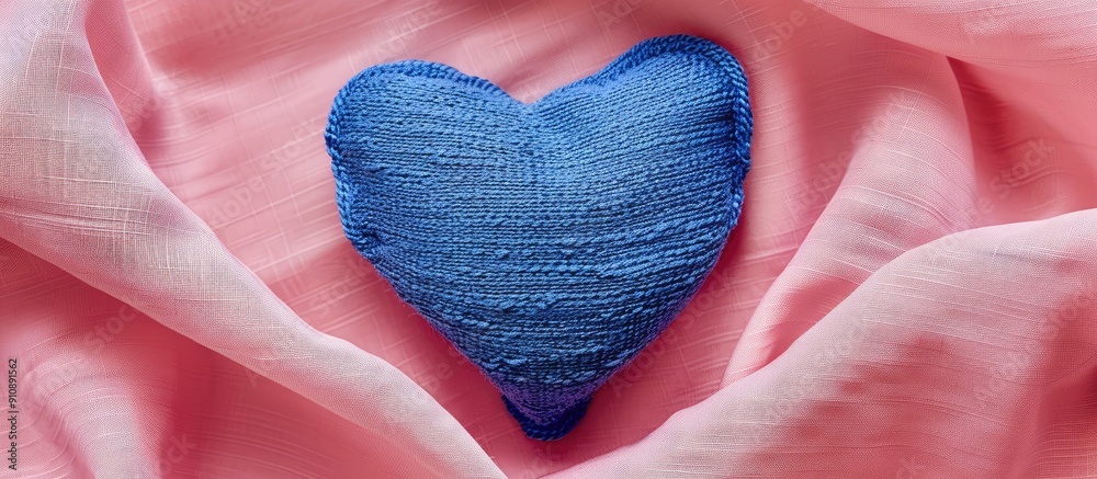 Poster heart shaped blue textile with embroidered lines set against a pink fabric backdrop ideal for a copy