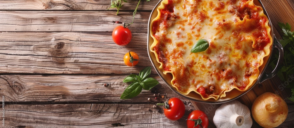 Poster Rustic table setting with a fresh and healthy ziti pasta lasagna casserole topped with meat and tomato sauce ideal snack or meal option with ample copy space in the image