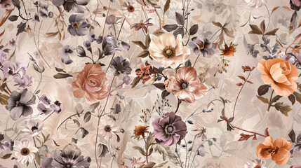 Vintage-inspired floral print with roses, anemones, and other flowers in a soft color scheme