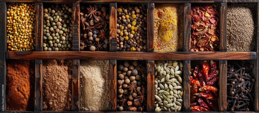 Poster Overhead shot showcasing a variety of spice seeds and powders in a wooden box Plenty of space for adding text or graphics in the image. Creative banner. Copyspace image