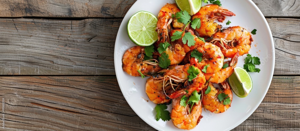 Poster a tasty dish of crispy fried shrimp topped with lime wedges and fresh coriander on a white plate pla