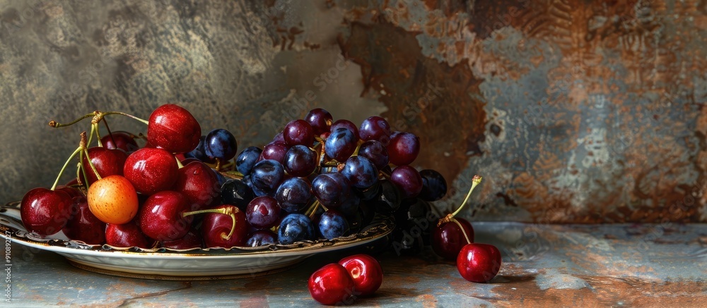 Poster a plate featuring cherries and grapes with copy space image available