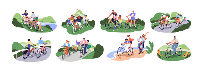 People travel by bike set. Friend have fun, ride bicycle at nature together. Happy family, kids cycling outdoors. Bicyclists drive in park. Flat isolated vector illustrations on white background