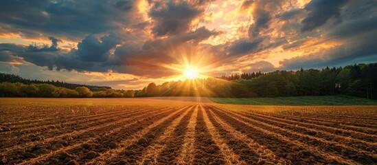 Idyllic summer rural scene featuring dramatic glowing clouds in the epic sunset sky above a golden plowed agricultural field and forest with pure evening sunlight creating a picturesque copy space im