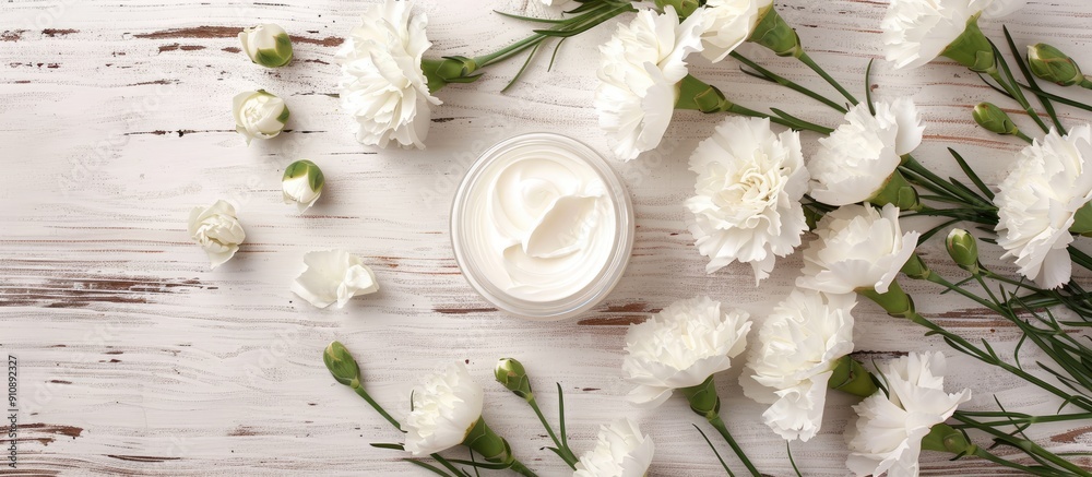 Poster Night cream displayed with white carnation flowers on a bright wooden table background creating an elegant presentation with copy space image