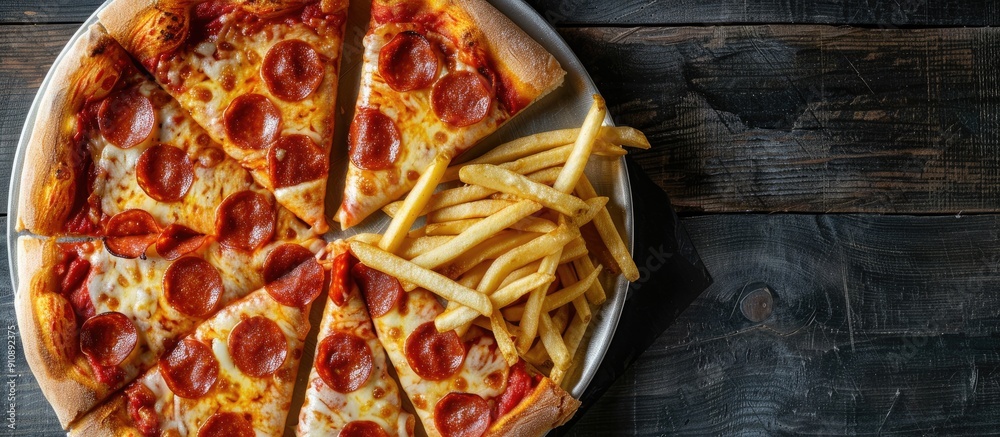 Poster pizza dough topped with cheese pepperoni and served with a side of french fries on a copy space imag