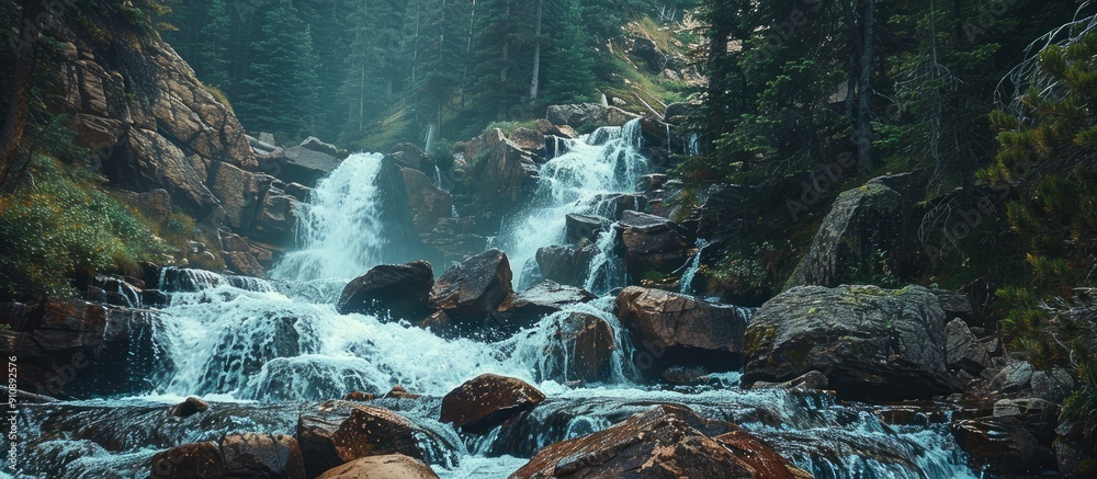 Poster water cascading down a rocky mountain with a copy space image