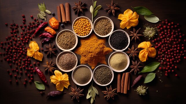 Spices arranged in geometric pattern for artistic display