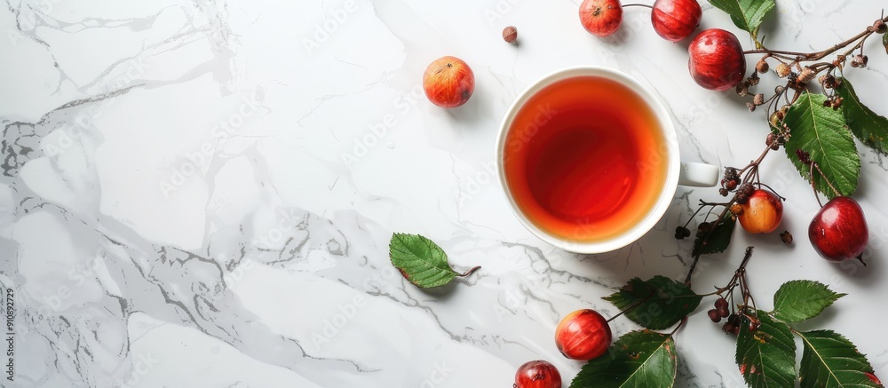 Aufkleber rose hip tea and fresh berries arranged on a white marble surface with ample copy space image