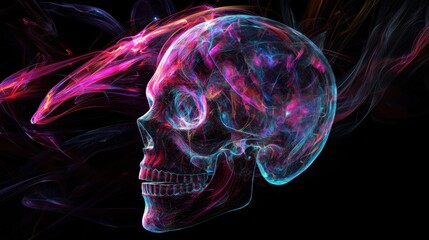 A skull with holographic abstract 3D shapes creating a halo effect around it, the shapes pulsating with light and color, giving a celestial and futuristic vibe, set against a black background 
