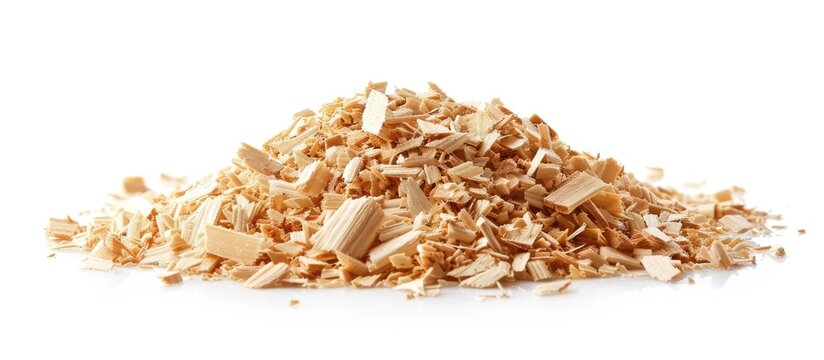 A pile of wood shavings and wood powder isolated on a white background suitable for a copy space image