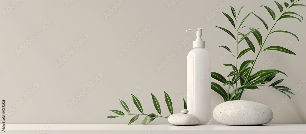 Poster Mock up of a unbranded white lotion or shampoo bottle with natural plant and stone decor for skincare routine displayed in a banner with ample copy space image