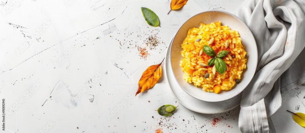 Poster Horizontal image of pumpkin risotto placed on a white table with a contrasting napkin featuring copy space for additional content