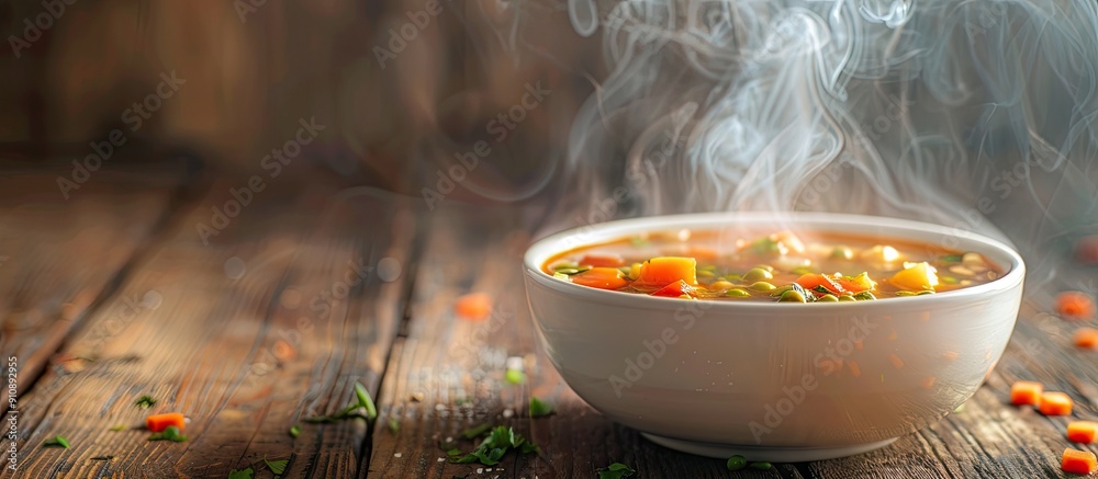 Poster selective focused image of vegetable soup in a white bowl on a wooden table with smoke rising leavin