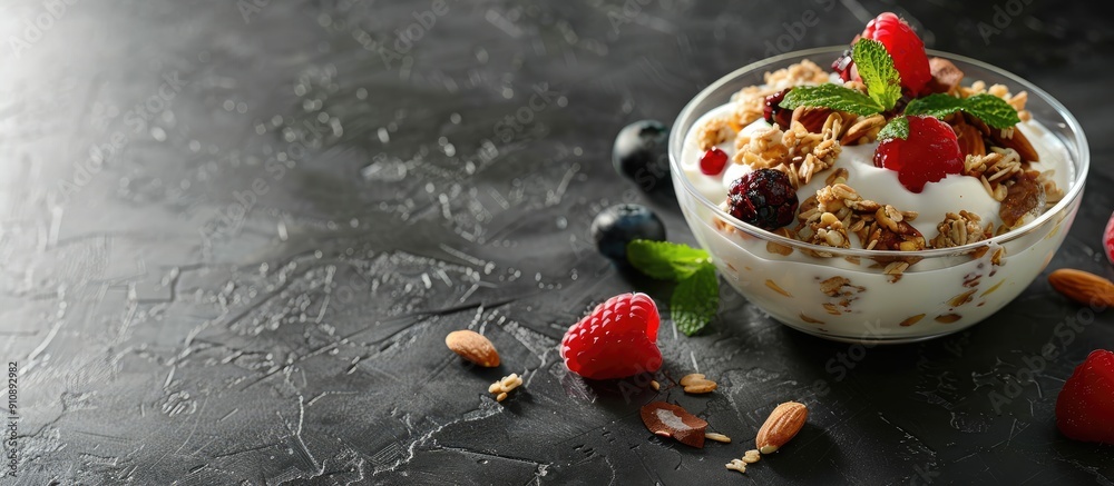 Aufkleber glass bowl with granola mix of yogurt nuts and fruits on dark backdrop a scrumptious and nutritious 