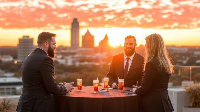 A stylish gathering of professionals enjoying cocktails at sunset overlooking a city skyline.