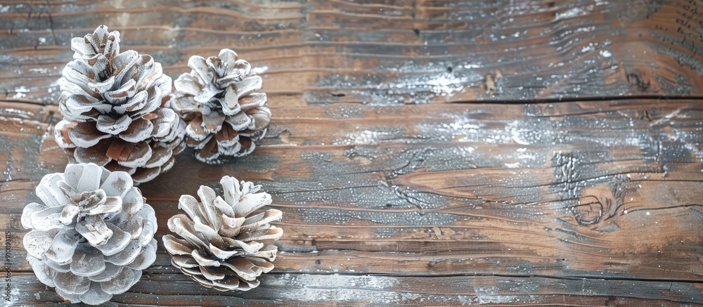 Poster pine cones painted white for christmas decor on rustic wooden table backdrop with copy space image