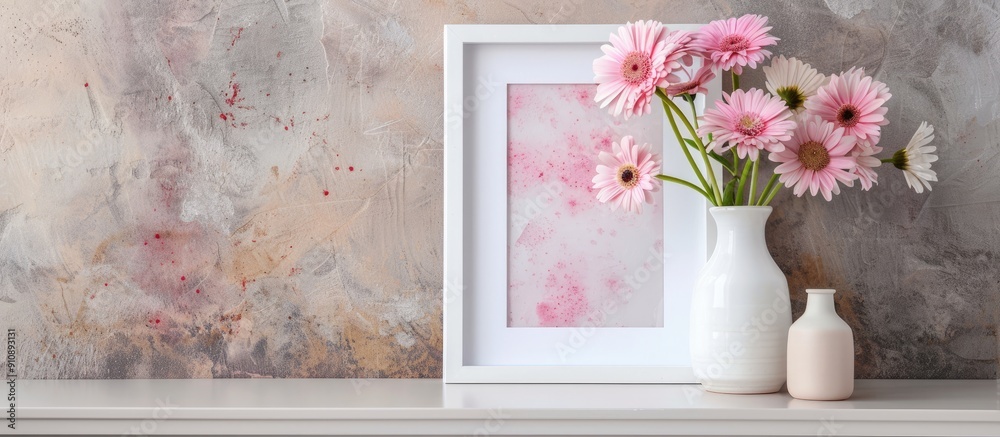Leinwandbilder A portrait oriented white frame with pink daisies in a vase placed on a desk or shelf creating an appealing copy space image