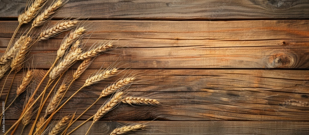 Poster wheat ears set on wooden backdrop depicting mediterranean diet ideal for copy space image