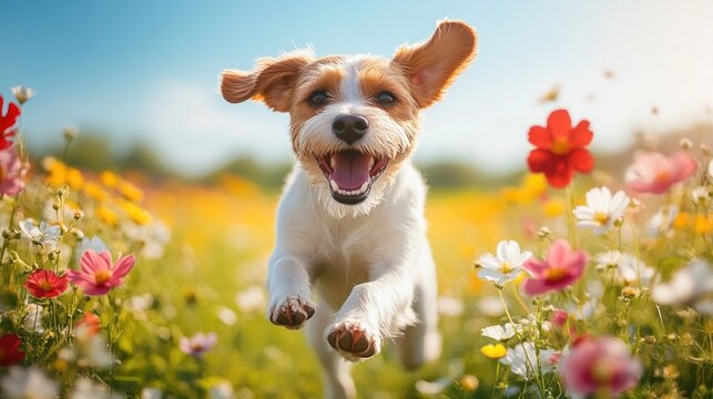 A happy dog running through a field of flowers, with a clear blue sky and open space in the background for International Dog Day messages.