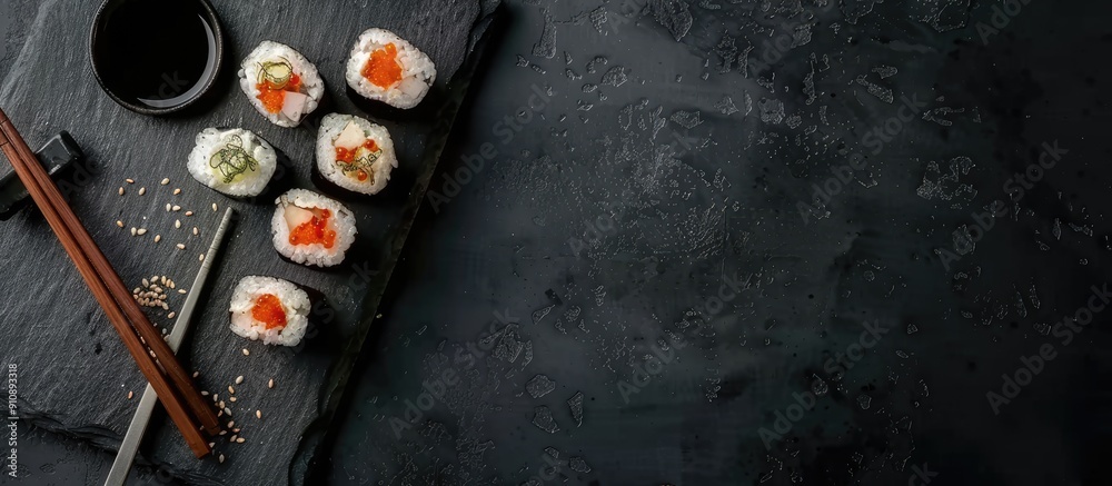 Poster top view of japanese crab meat mousse sushi with soy sauce on a stone board with chopsticks in a clo