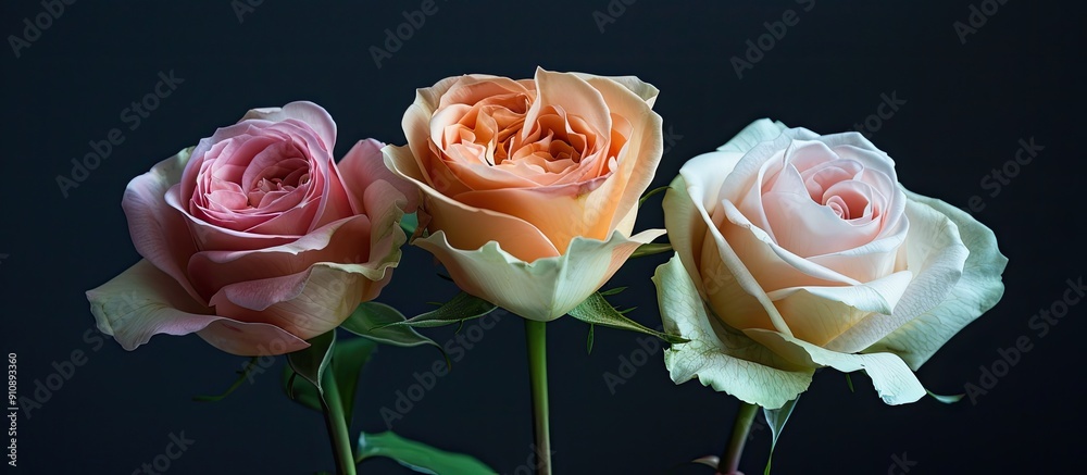 Aufkleber three beautiful roses set against a dark black backdrop creating an ideal copy space image