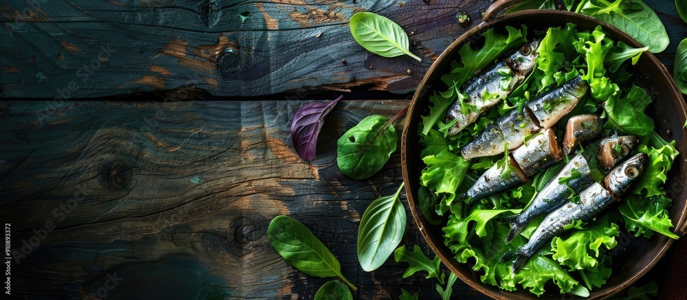 Poster top view of a rustic table setting with a sardine salad surrounded by fresh green leaves a seafood s