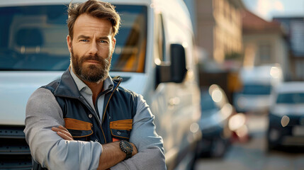 Fototapeta premium Locksmith with a white work van behind him, light background, natural light. Generative AI.