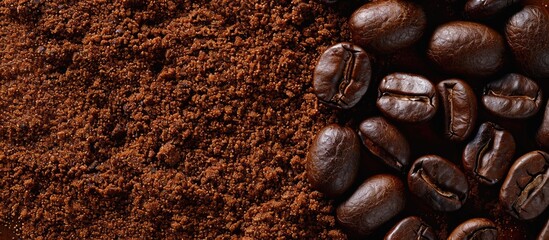An intriguing low key image featuring coffee grains on a bed of ground coffee with space for text or graphics. Creative banner. Copyspace image