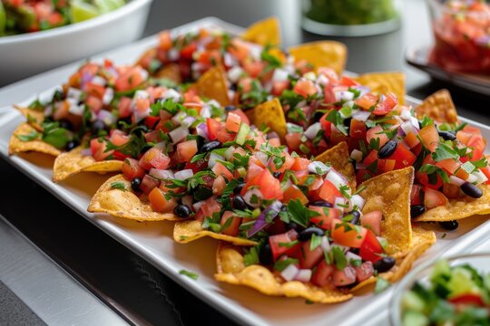 Vegetarian dish inspired by texas featuring nacho crisps with texas caviar, ideal for varied dietary preferences