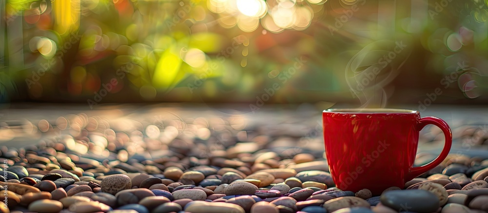 Aufkleber A red cup filled with coffee sits on a pebbled floor in a garden with a blurred background and empty copy space image available