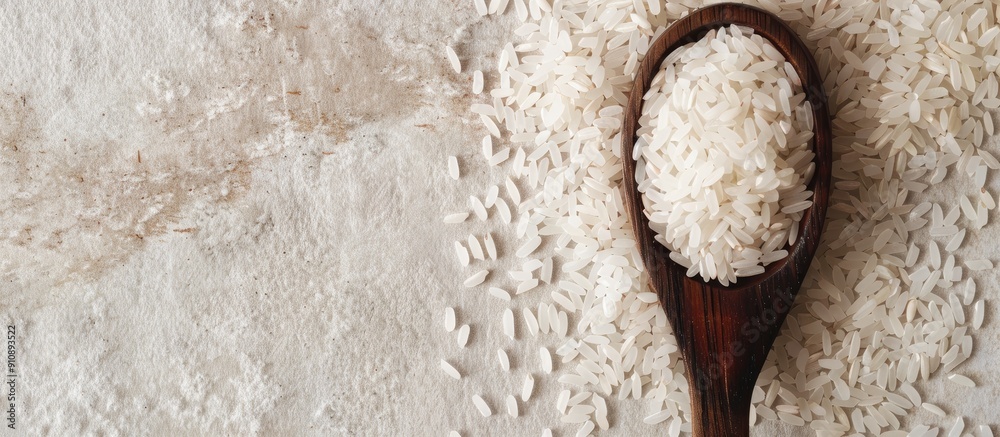 Poster a wooden spoon holds jasmine rice on a rice background creating a lovely copy space image
