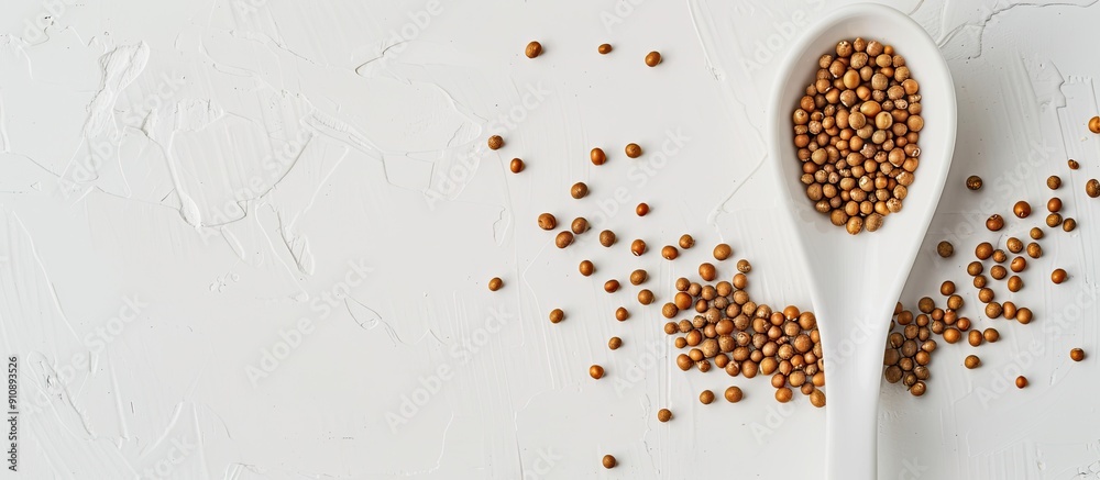 Poster a top view studio shot of brassica hirta mustard seeds in a white spoon on a white background with s