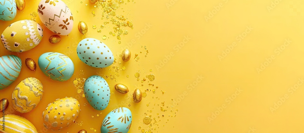 Aufkleber Easter themed holiday flat lay with text message on yellow background copy space image for Easter day concept