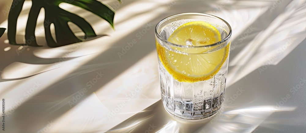 Poster fresh glass of water with lemon on a bright background perfect for a copy space image