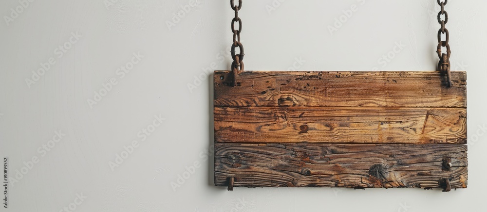 Aufkleber a wooden signboard hangs from a metal chain against a white backdrop featuring copy space for an ima