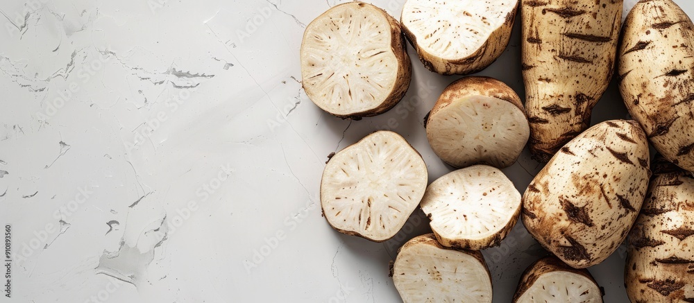 Poster white background with chinese yam creating space for image. creative banner. copyspace image