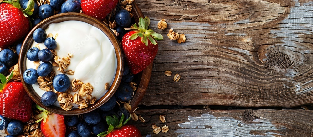 Aufkleber A nutritious breakfast featuring granola yogurt blueberries and strawberries in a rustic setting with a wooden backdrop for a copy space image
