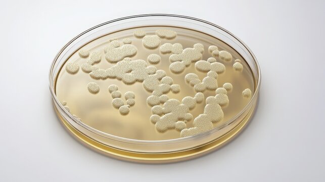 A close-up of yeast colonies growing on agar in a petri dish, showcasing microbial life in a laboratory setting.