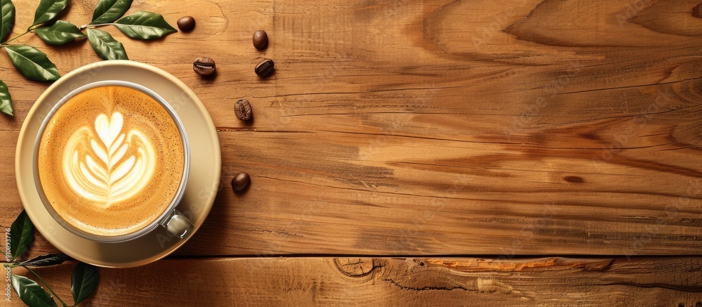 Poster Hot coffee with latte art and a coffee bean on a wooden table creating a visually appealing copy space image